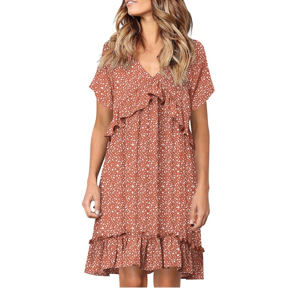 *DONATED* New Cosonsen Summer Casual Dresses V-Neck Ruffle Print Swing Dress